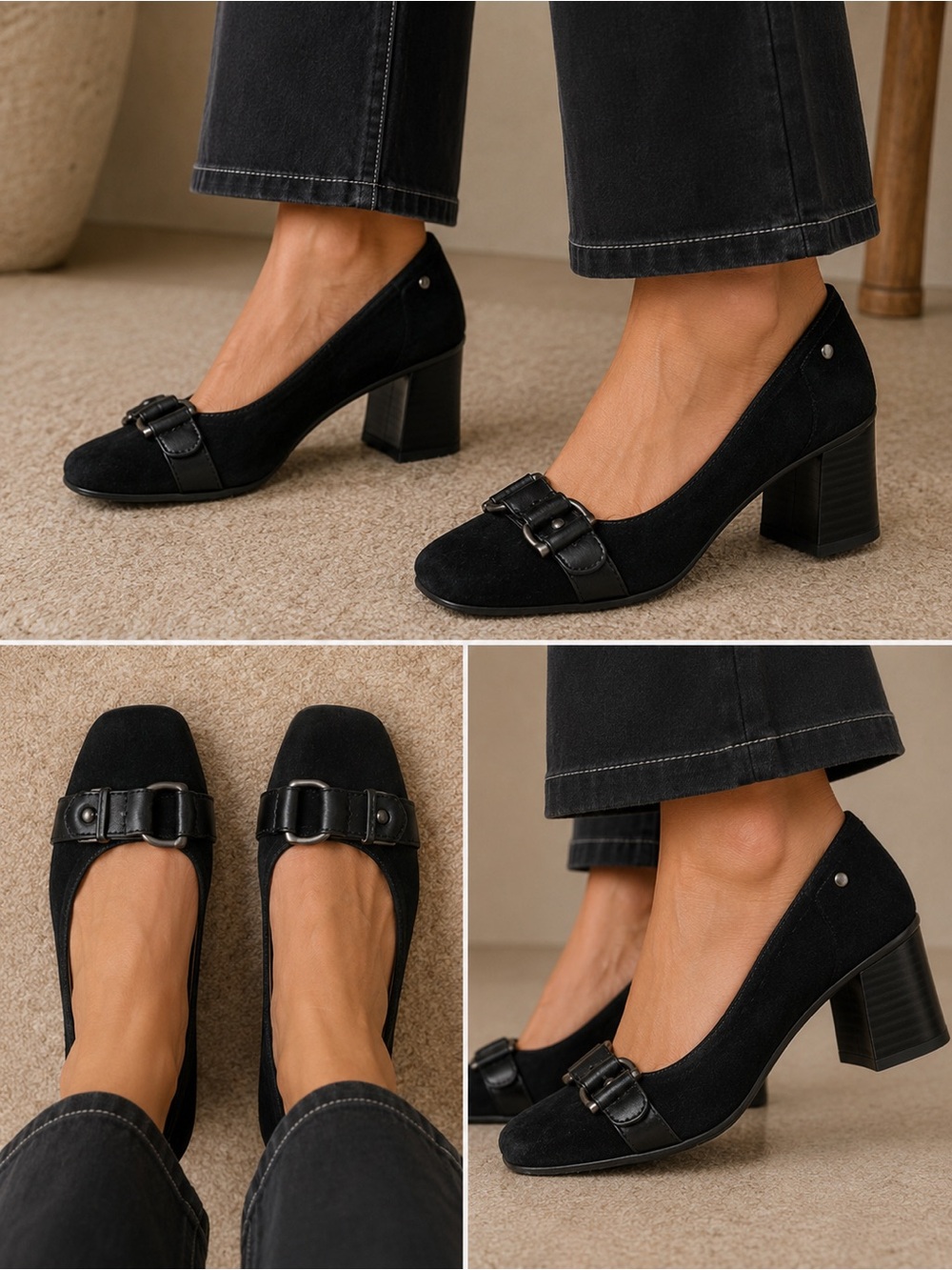 Bandolino Black Suede Block Heel‎ Pumps with Strap Detail